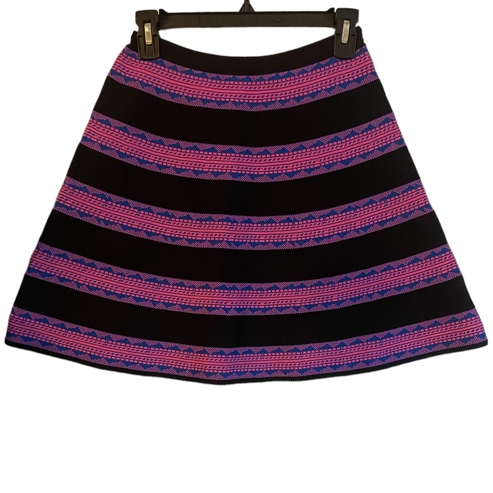 Miami Fit and Flare A Line Printed Striped Skirt Black and Pink Pattern Casual S